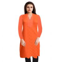 Stylish Orange Floral Net Woolen Kurti Free Warm Legging 