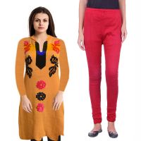 Stylish Orange Floral Embroidered Woolen Kurti With Free Warm Legging