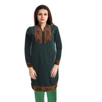 Dark Green Neck Embroidered Woolen Kurti With Warm Legging 