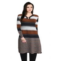 Scintillating Brown Broad Multi Stripes Woolen Kurti With Warm Legging