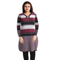 Scintillating Magenta Broad Multi Stripes Woolen Kurti With Warm Legging