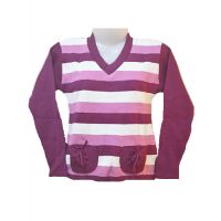 Dark Purple White Pink Striped Full Sleeves Ribbed Front Pocket Pullover/Sweater