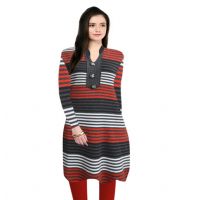 Sassy Red Multi Stripes Nehru Collar Woollen Kurti With Warm Legging 