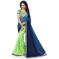 Blue & Green Printed Occation Wear Saree With Matching Blouse Piece