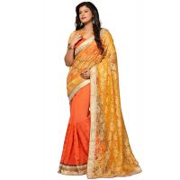Akriti Orange & Yellow Traditional Saree With Matching Blouse Piece