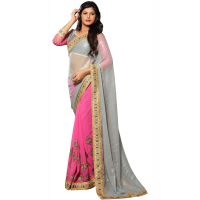 Akriti Grey & Pink Traditional Saree With Matching Blouse Piece