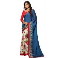 Akriti Blue & White Traditional Saree With Matching Blouse Piece