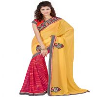 Yellow & Pink Colour Georgette Occation Wear Traditional Saree With Matching Blouse Piece