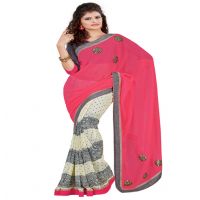 Pink & White Colour Georgette Occation Wear Traditional Saree With Matching Blouse Piece