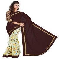 Deep Brown & Off-white Colour Georgette Occation Wear Traditional Saree With Matching Blouse Piece
