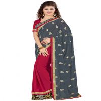 Grey & Red Colour Georgette Occation Wear Traditional Saree With Matching Blouse Piece