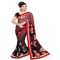 Brown Colour Chiffon Floral Printed Occation Wear Traditional Saree With Matching Blouse Piece