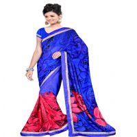 Blue & Peach Colour Chiffon Floral Printed Occation Wear Traditional Saree With Matching Blouse Piece