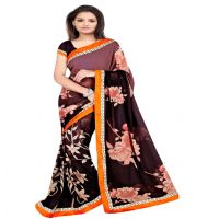 Brown Colour Chiffon Floral Printed Occation Wear Traditional Saree With Matching Blouse Piece