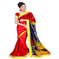 Red Colour Chiffon Floral Printed Occation Wear Traditional Saree With Matching Blouse Piece