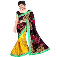 Yellow & Maroon Colour Chiffon Floral Printed Occation Wear Traditional Saree With Matching Blouse Piece