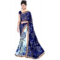 Akruti Blue Printed Traditional Designer Saree With Matching Blouse Piece