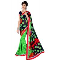Alka Blue & Green Floral Printed Traditional Saree With Matching Blouse Piece