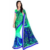 Alka Green & Blue Floral Printed Traditional Saree With Matching Blouse Piece