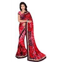 Alka Red Floral Printed Traditional Saree With Matching Blouse Piece