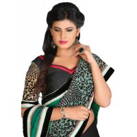 Akriti Green & Black Traditional Saree With Matching Blouse Piece