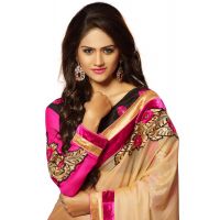 Alisha Beige Embroidered Traditional Designer Party Wear Saree With Matching Blouse Piece