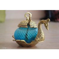 Unique Metal Duck Swan Shape Shape Firozi Glass Bowl Tray With Spoon