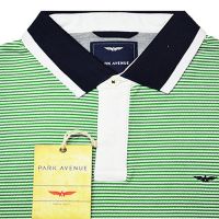 Park Avenue Black Tipped Collar Green White Striped Cotton Half Sleeves T-Shirt-Size S,M