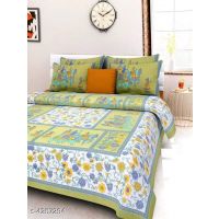 Seaons Eva Stylish Pure Cotton 100x90 Double Bedsheets Vol 1 (Green Multi Pattern Design)