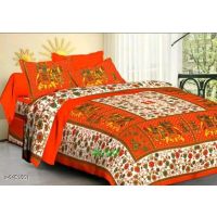 Seaons New Trendy Cotton 100 x 90 Double Bedsheets (Colour Orange Printed Design)