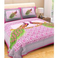 Seaons Eva Stylish Pure Cotton 100x90 Double Bedsheets Vol 1 (Pink Peacock Pattern)
