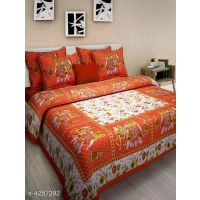 Seaons Eva Stylish Pure Cotton 100x90 Double Bedsheets Vol 1 (Orange Multi Pattern Design)