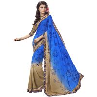 Blue & Beige Shaded Traditional Designer Saree With Matching Blouse Piece