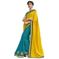 Yellow & Turquoise Traditional Designer Saree With Matching Blouse Piece