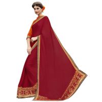 Red Satin Chiffon Traditional Designer Saree With Matching Blouse Piece