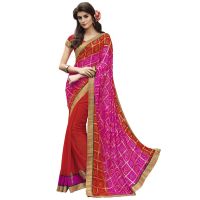Pink & Red Traditional Designer Saree With Matching Blouse Piece