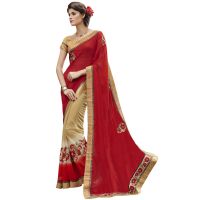 Red & Beige Traditional Designer Saree With Matching Blouse Piece