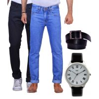  Seasons Blue and Black Denim Regular Fit Jeans - Pack of 2