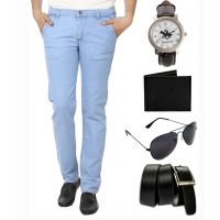 Combo Of Blue Slim Fit Jeans With Watch, Sunglasses, Belt & Wallet For Men