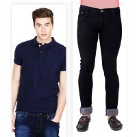 Seasons  Black Jeans & Navy Polo T Shirt Combo