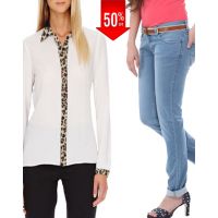 Stylish Blue Jeans With Animal Print Collar panel & Cuff Chiffon White Shirt