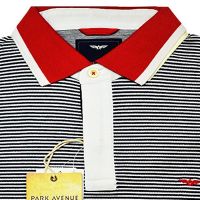 Park Avenue Red Tipped Collar Black White Striped Cotton Half Sleeves T-Shirt-Size S,L