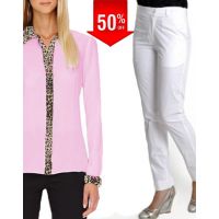 Stylish White Trouser With Animal Print Collar panel & Cuff Chiffon Pink Shirt