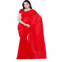 Thadesar Red Women's Georgette Saree With Unstitched Blouse Piece