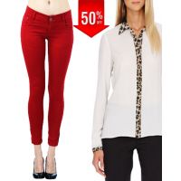 Red Jeans With Animal Print Collar panel & Cuff Chiffon White Shirt