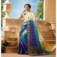 Sakshi Blue & Red Color Crepe Silk Saree