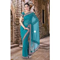 Pazaar Pine Green Embroidered Party Saree With Zari Thread