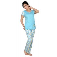 Town Girl-Sky Blue Colour Top Kiss Pattern Pyjama Night Suit