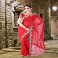 Pazaar Coral Red Embroidered Party Saree With Zari Thread
