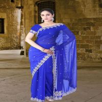 Pazaar Persian Blue Embroidered Party Saree With Zari Thread